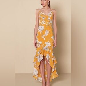 Lulu's Mustard Yellow Floral High-Low Slip Dress